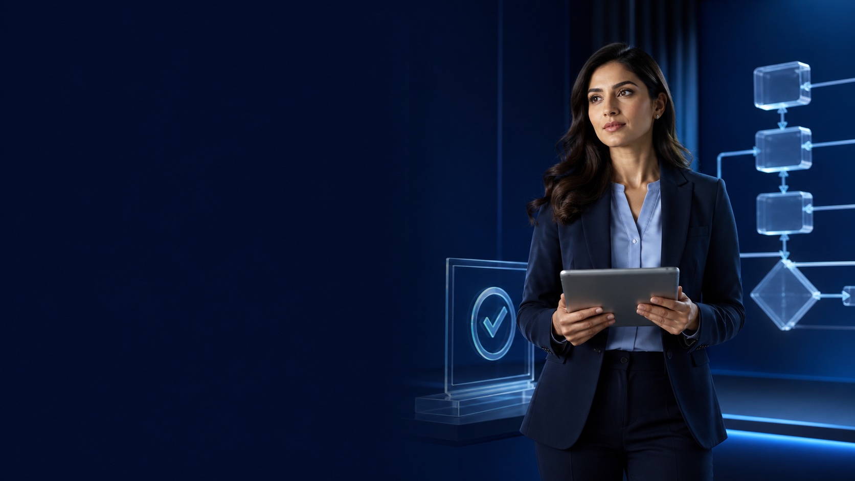 AI quality engineer reviewing an agent workflow and human approval evidence on a tablet.