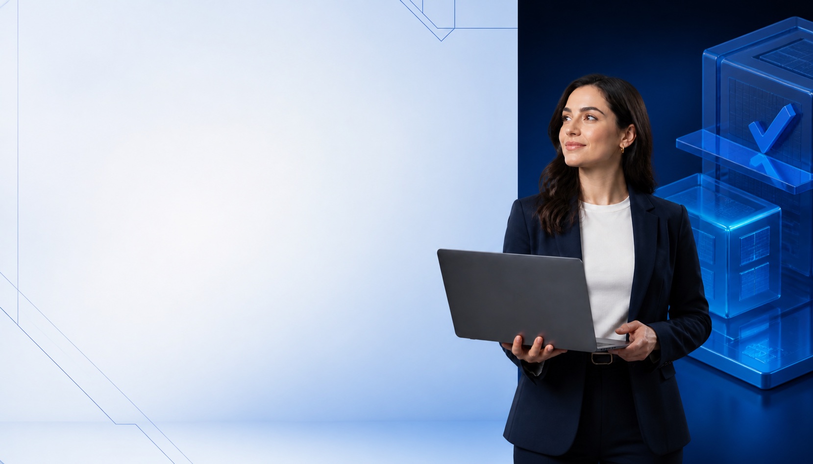 Professional QA specialist holding a laptop beside modular blue QA blocks.
